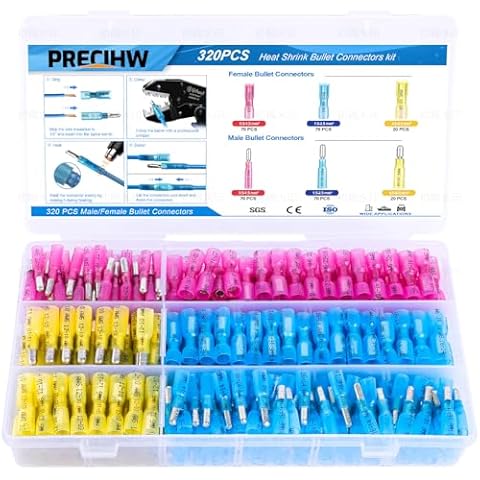 PRECIHW 320PCS Heat Shrink Bullet Connectors kit, Male & Female Bullet Terminals, Insulated Waterproof Wire Connectors, Marine Grade Electrical Connectors Cover