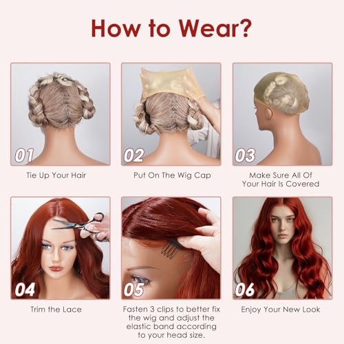 SHINLEA Auburn Wig for Women, 26 Inch Long Wavy Lace Hairline Middle Part Natural Looking Synthetic Heat Resistant Fiber Wigs for Daily, Party, Halloween and Cosplay, Auburn - image 7