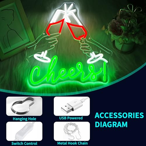 Image of Cheers Neon Sign, JGHTURIE Neon Signs for Wall Decor Green Light up Sign Bar Club Signs for Man Cave Decor USB Powered