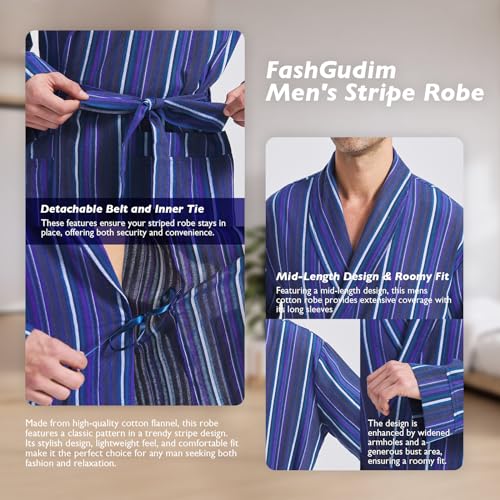 Image of FashGudim Mens Buffalo Plaid Cotton Robe Lightweight Bathrobe Shawl Collar Kimono Sleepwear Loungewear House Robes