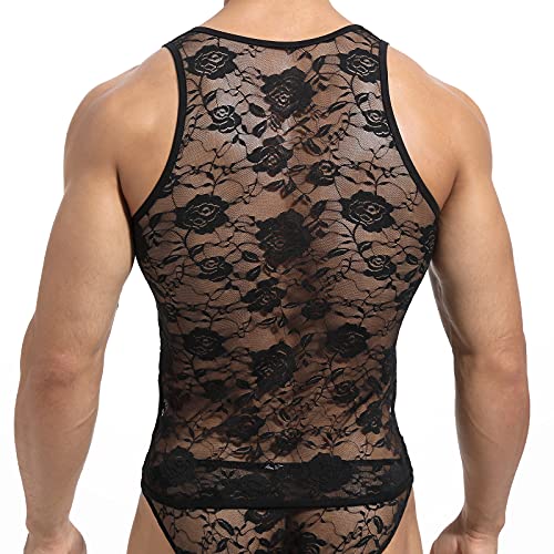 Yoobng Men's Sexy Vest Lace Muscle Floral Sleeveless Undershirt Semi Transparent Sports Tank Tops #TOP3