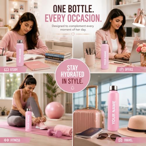 Image of Courage Personalised Stainless Steel Water Bottle 1 Litre | Custom Name Engraved Bottle | Leak-Proof, BPA-Free, Rust-Resistant | Stylish Gift for Kids, Women & Men | Office, School & Gym Use (Pink)