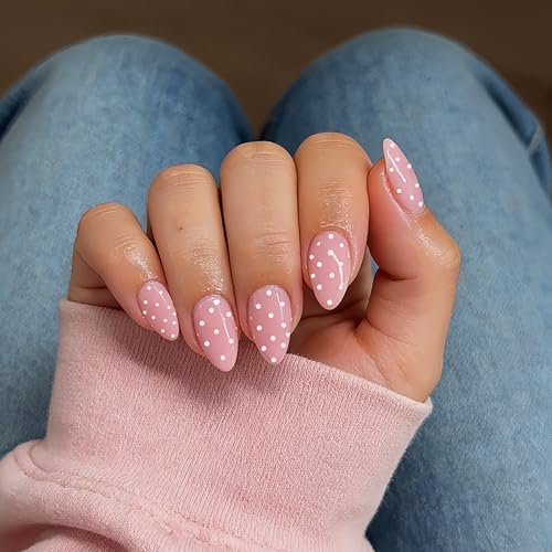 SXVME Polka Dot Press On Nails Short Almond, 30 Pcs Baby Pink Press on Nails with Cute White Polka Dot Design, Thick Acrylic Fake Nails Press ons, Reusable Soft Gel Glue On Nail for Women Wedding