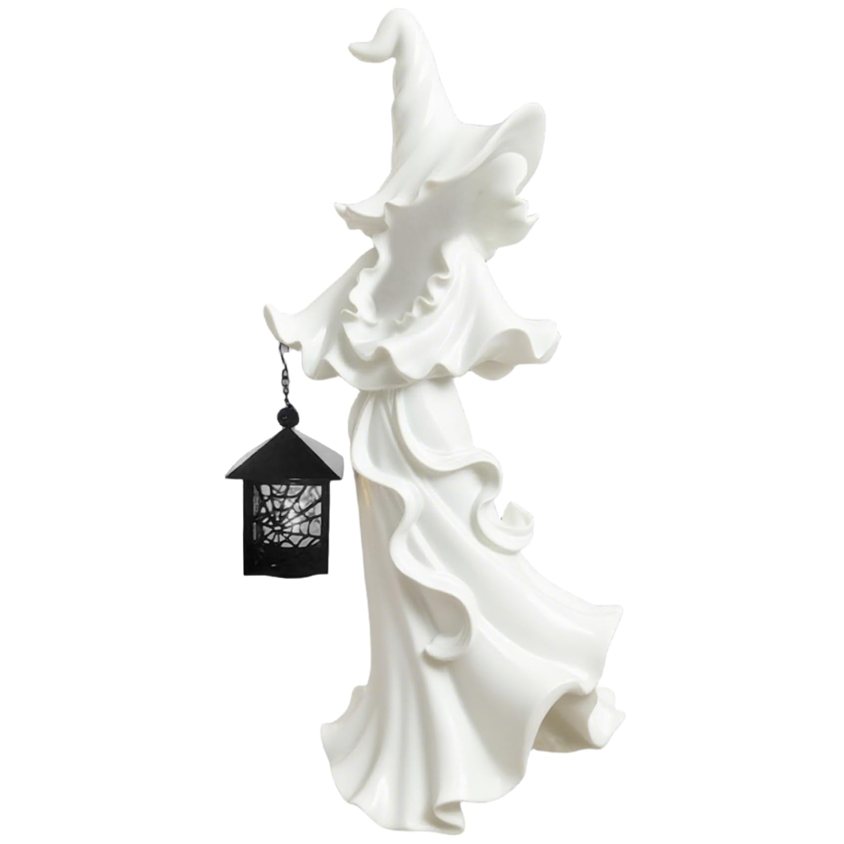 Statue de sorcière d'Halloween en résine blanche sans visage avec lanterne pour déco intérieure