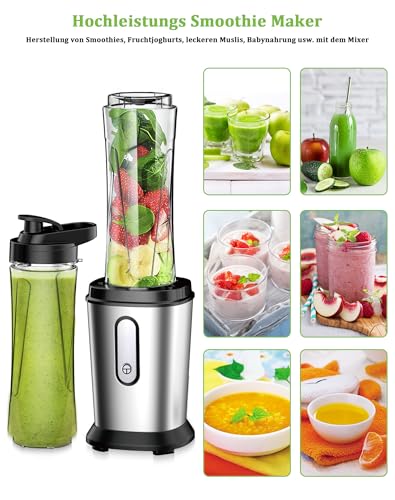 Mixer, 500W Mini Standmixer & Smoothie Maker mit 2x600ml Flaschen BPA frei Tritan, Tragbarer Mixer Smoothie Maker aus Edelstahl 4-Blatt für Shake, Smoothie, Silber (Silber und Schwarz) – Bild 2