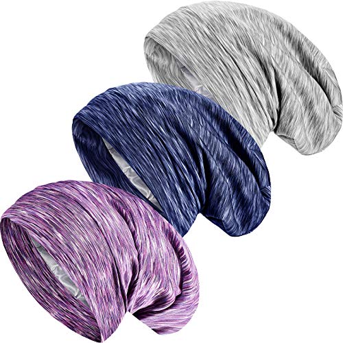 3 Pieces Hair Cover Bonnet Satin Lined Sleep Cap Adjustable Silk Lined Slouchy Beanie Slap Night Sleeping Cap (Dark Blue, Purple, Light Grey)