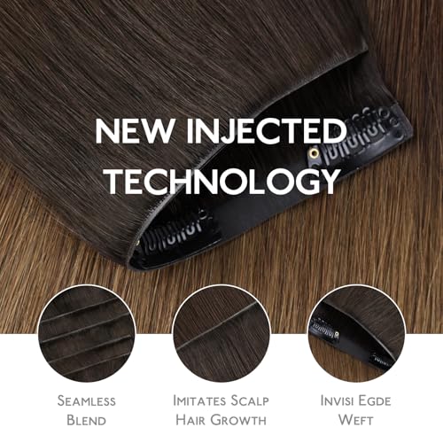 Image of WENNALIFE Invisible Edge Seamless Clip in Hair Extensions Real Human Hair | 22'' 150g 7pcs Balayage Chocolate Brown to Caramel Blonde. Thin PU Weft, Easy, Comfortable Clip in Remy Hair Extensions