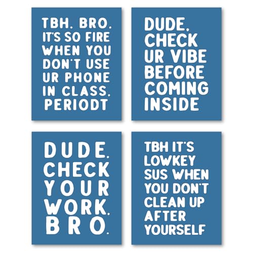 Set of four small blue and white classroom-themed prints — proves the pick is a small-scale decorative option