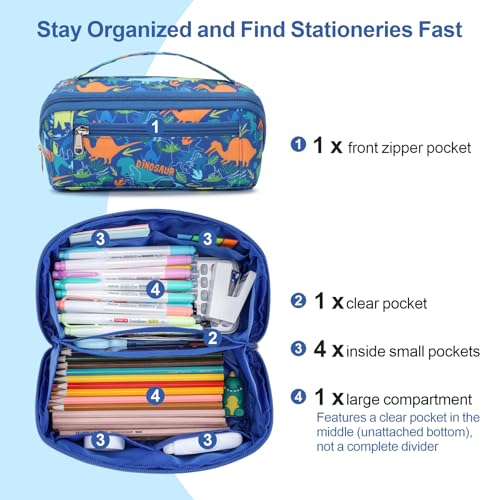 Image of Large Pencil Case for Boys, Durable Pencil Pouch for School, Wide Opening Soft Bag with Handle, Fits 50 Pens & Markers (Blue Dinosaur)