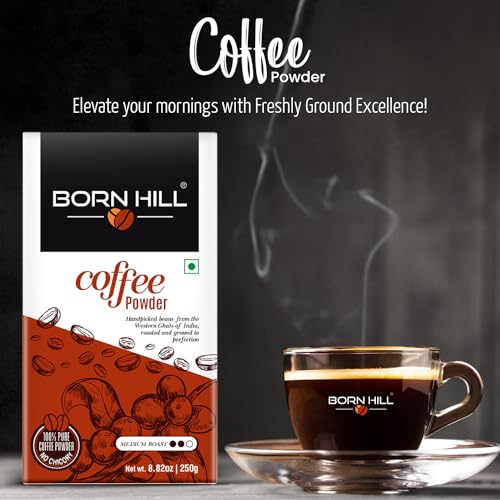 Image of BORN HILL Coffee Powder 250G | Aromatic & Strong Filter Coffee Blend | Perfect For Moka Pots And Coffee Machines | Freshly Roasted & Ground | Medium Roast | 0% Chicory, Packet