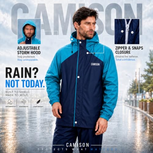 Image of Mens Raincoat Suit with Pant Set Eluxia Series | Waterproof Lightweight Breathable Rain Wear | Elastic Cuff & Waterproof Zipper Raincoat for men waterproof