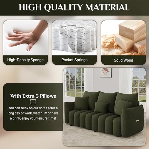 Image of OUYESSIR 81 inch Modern Sofa Couch, Comfy Upholstered Teddy Deep Seat Boucle Sofa, Modern 3-Seater Cloud Couch, Oversized Loveseat for Living Room Office Apartment, Green