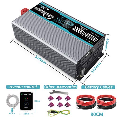FLAMEZUM Power Inverter Pure Sine Wave 2000Watt 12V DC to 110V 120V Peak Power 4000Watt with Remote Control Dual AC Outlets and Dual USB Port for CPAP RV Car Solar System Emergency