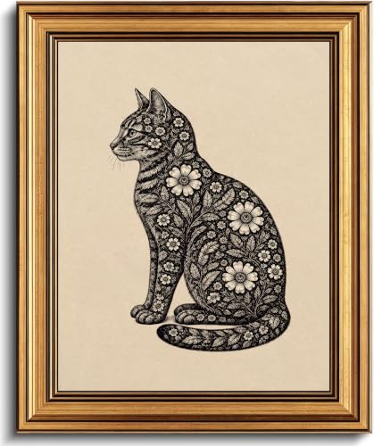 Image of Gold Framed 3D Textured Wall Art, Vintage Floral Cat Canvas Print, 9x11in