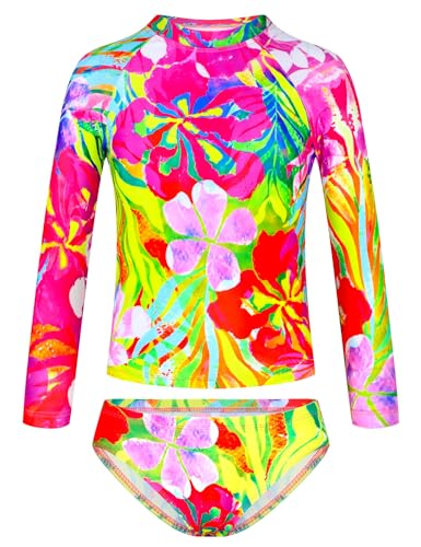 Image of TENVDA Girls Swimsuit Long Sleeve Rash Guard Sets UPF 50+ Two Piece Bathing Suits Size 3-12 Years