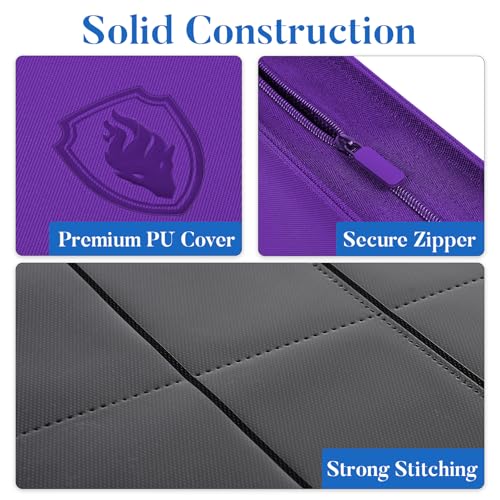 Image of Premium Zip Card Binder, Fabmaker 9 Pocket Trading Card Binder, PU Cover Zipper Card Collection Album, Sturdy 360 Side-Loading Card Folder Holder for Game & Sports Cards, Purple