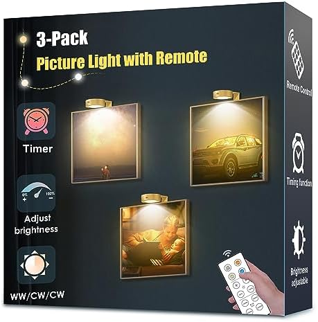 3-Pack Picture Light Battery Operated, Led Lights with Remote, Dimmable and Timer Painting Light, Art Display Light for Picture Frame Artworking Portrait, Home Wall Decor Puck Lights, Gold