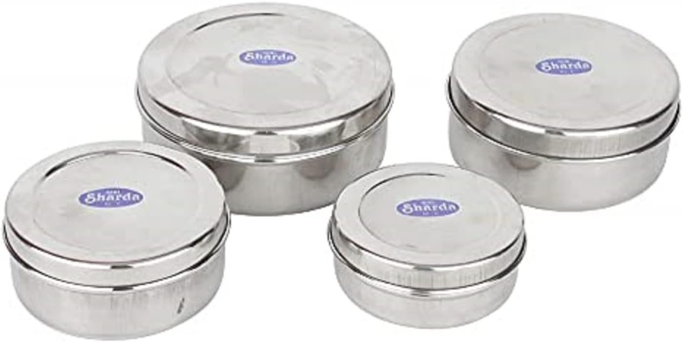 Sharda Metals Set of 4 Stainless Steel Food Storage Containers Box Puri Dabbas Canisters Kitchen Utensils