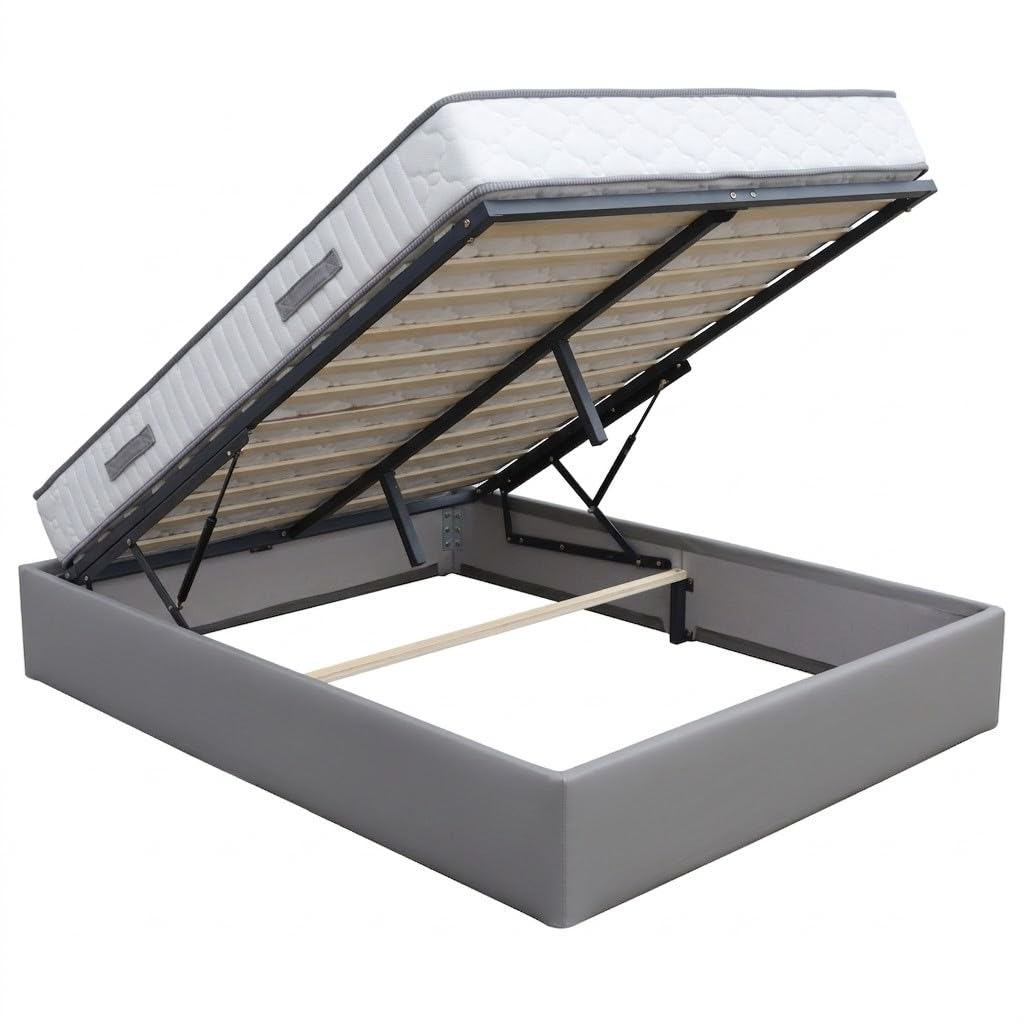 King of Dreams Ensemble Lit Coffre et Matelas 160x200 cm - Couleur : Gris - Sommier Relevable avec Vérins Hydrauliques - Matelas Soutien Très Ferme Haute Densité - Lit Coffre Déhoussable