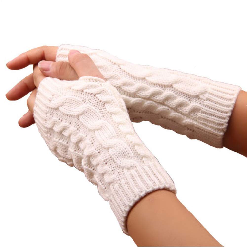 Camelliass Women's White Fingerless Gloves, Girl's Wrist Arm Hand Warmer Half Finger Arm Gloves Winter Warm Knitted Mitten (White)