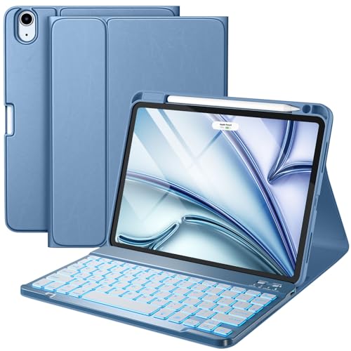 Vobafe Case with Keyboard for iPad Air 11 inch M4 2026 M3 2025 M2 2022/iPad Air 5 4 2022 2020 10 9 inch 7 Color Backlight Wireless Detachable Keyboard Cover with Pencil Holder UK Layout Blue