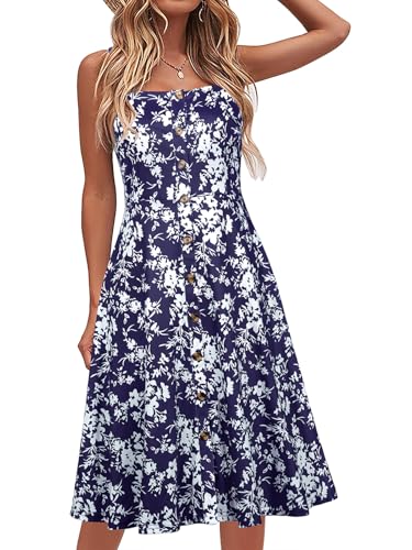 Image of Berydress Women's Casual Beach Summer Dresses 2026 Solid Cotton Flattering A-Line Spaghetti Strap Button Down Midi Sundress