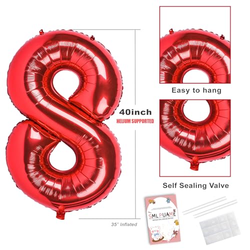 Image of 40 Inch Red Number 8 Balloon, 8th Birthday Decoration Boys Girls