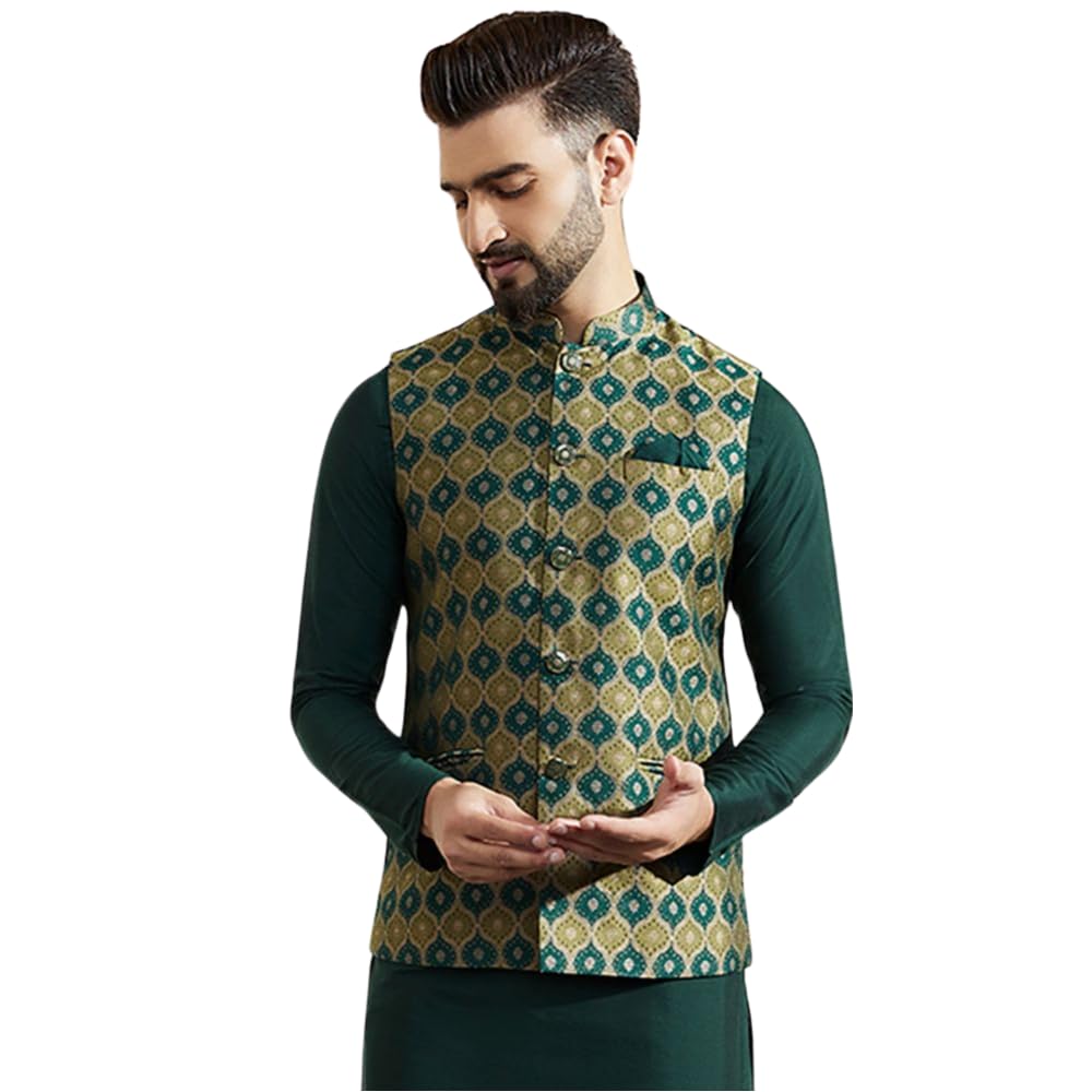kisah Men's Nehru Jacket, Green Silk Blend, Woven Design Sleeveless Regular Fit Mandarin Collar (XL)-picture-14