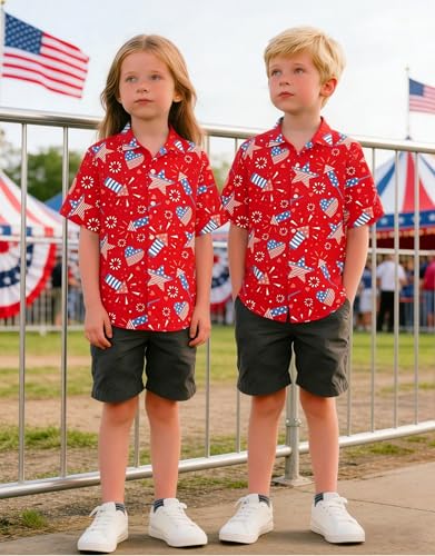 Image of 4th of July Shirts for Girls Boys American Patriotic Tshirt Kids Hawaiian Button Down Tops