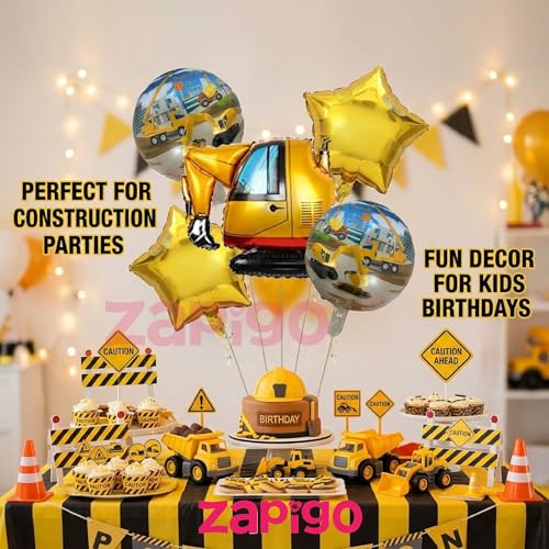 Image of Balloonistics Crane Construction Theme Birthday Balloon Bouquet | Crane & Digger Birthday Party Decoration | Construction Party Balloon Set for Boys | Pack of 9