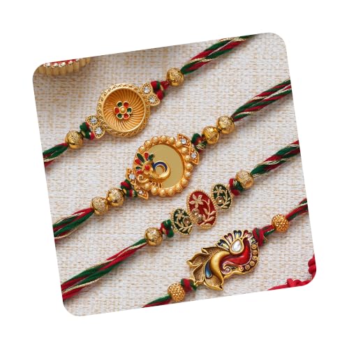 Image of eCraftIndia Set of 4 Red Golden White Pearls Rakhi for Brother Bhaiya Bhai | Roli Chawal Pack | Rakhi Combo
