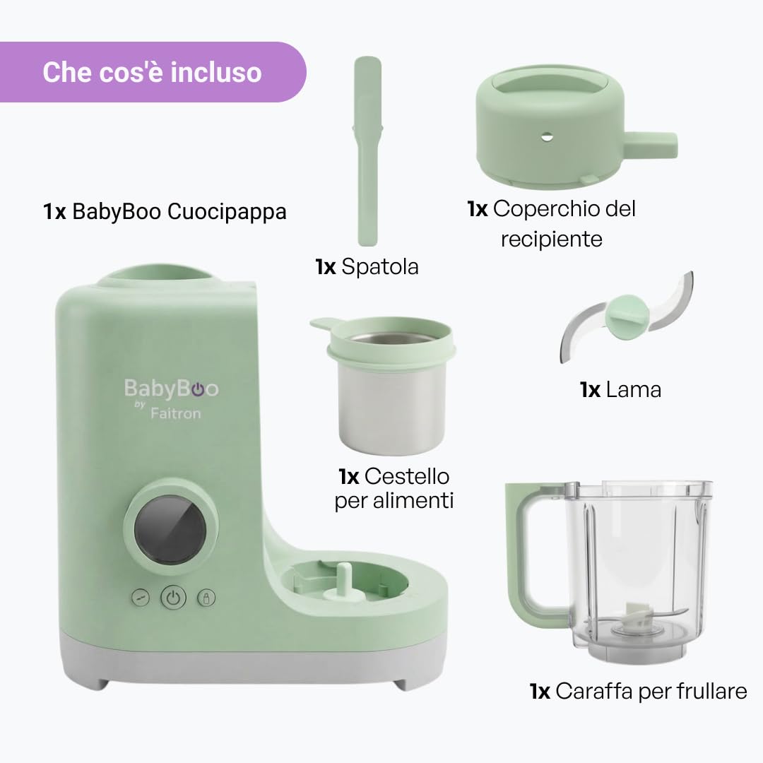 BABYBOO Robot Pappa 7-in-1 Cuoci a Vapore e Frulla 20 Minuti 300W Scaldabiberon Sterilizzatore Tritan Acciaio Inox Display Digitale