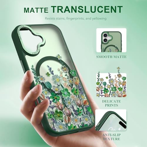 Image of Magnetic for iPhone 17 Case for Women Girls, Green Floral | Pretty Oil Painting Flower Pattern Design [Compatible with MagSafe] Shockproof Slim Translucent Matte Non-Slip Cover