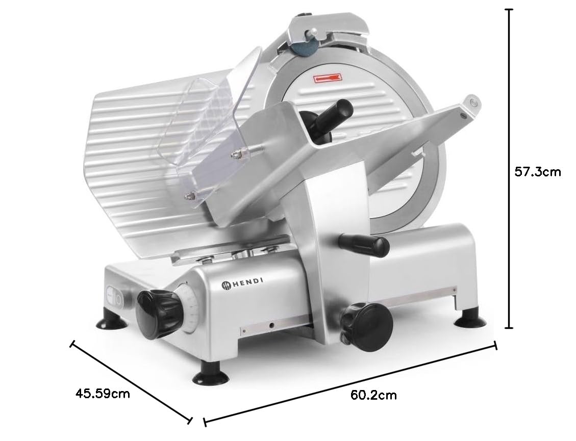HENDI Cortadora eléctrica de carne, cortafiambres multiusos, Profi Line 300, Ø cuchilla: 300mm, espesor de corte (0-14mm), 220-240V, 420W, 602x573x(H)456mm, plateado, aluminio, acero inoxidable