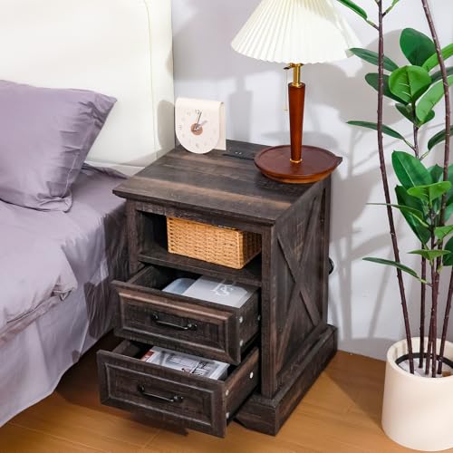 Image of Farmhouse Nightstands Set of 2 with Charging Station,Walnut Brown Tabletop | End Tables with 2 Drawers, Cube Storage Organizer, USB Ports, Metal Handles, for Rustic Bedroom Bedside, Living Room, Dorm