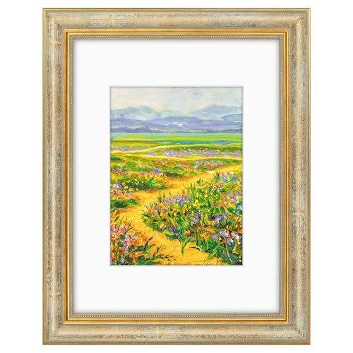 Image of Golden State Art,9x12 Ornate Picture Frame Holds 6x8 Photo,Vintage Gold | Includes real glass front,white mat,build-in hangers and buttons.Displays 6x8 photo on wall