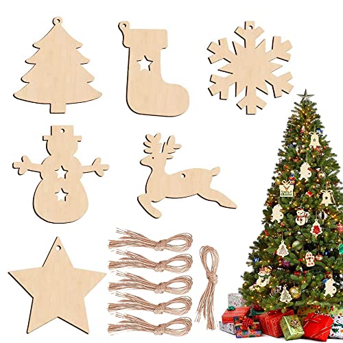 60 Piezas De Madera Adornos De Navidad, Navidad Adornos árbol de Fiesta decoración con Cuerda, Navidad Adornos árbol Decoración, Adornos de Madera de Navidad, DIY Adornos de árbol de Navidad Colgante Cover