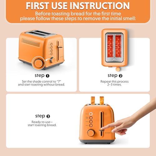 Image of BUYDEEM DT620 2-Slice Toaster, Extra Wide Slots, Retro Stainless Steel with High Lift Lever, Bagel and Muffin Function, Removal Crumb Tray, 7-Shade Settings,Orange