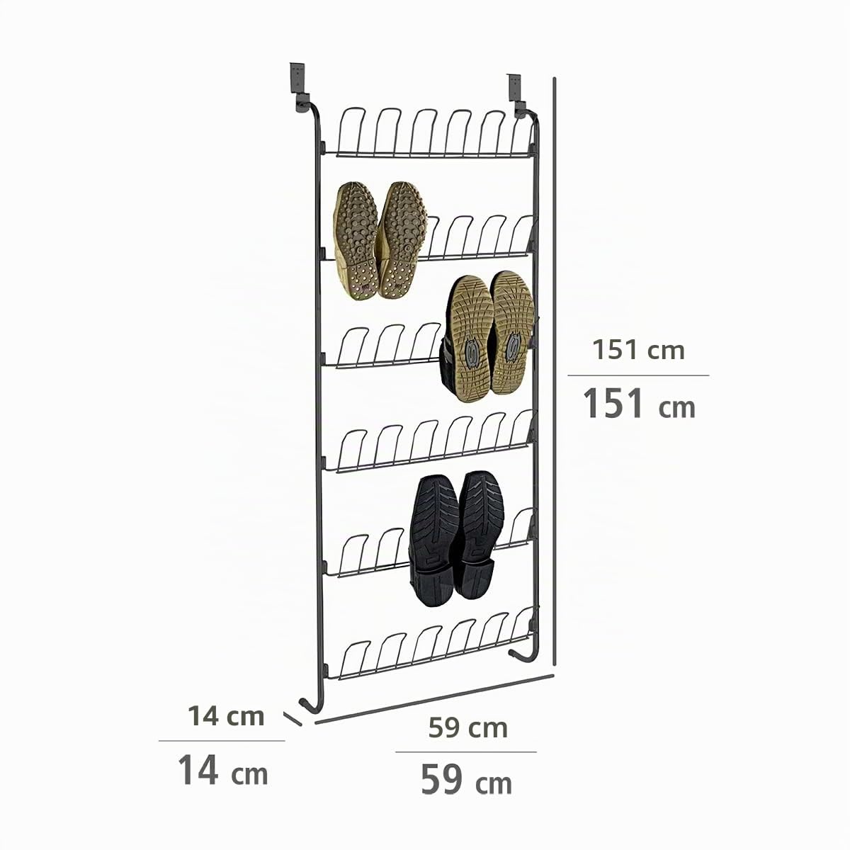 WENKO Zapatero, organizador compacto con 6 compartimentos para colgar hasta 18 pares de zapatos en la puerta, almacenaje y orden en toda la casa, 59 x 151 x 14 cm, metal con recubrimiento de polvo.