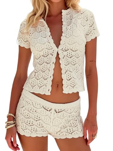 MakeMeChic Womens 2 Piece Sets Crochet Beach Cover Ups Boho Tops Mini Shorts Set Vacation Outfits Beige Medium