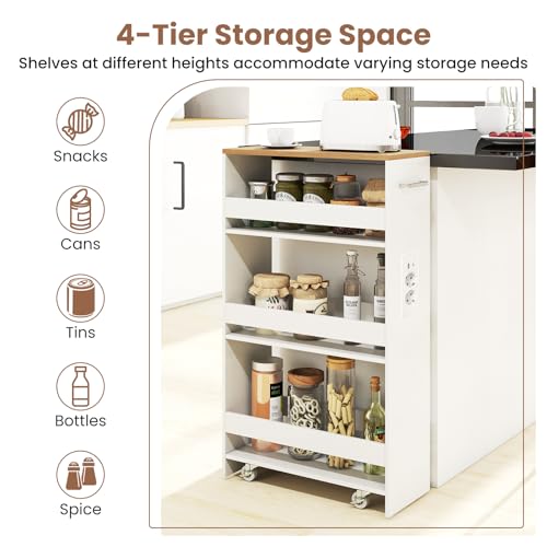 KOMFOTTEU Carro de Cocina de 4 Niveles, Carrito Auxiliar con Estación de Carga, Carrito Estrecho Ahorra Espacio con 4 Ruedas, Mueble de Almacenaje para Baño (Blanco y Natural, 47,5 x 20 x 80,5 cm) - imagen 5