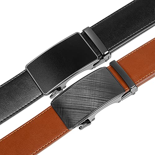 Image of Founders & C Mens Belt 2 Pack,Leather Ratchet Click Belt Dress with Slide Buckle 1 3 /8 inch in Gift Set Box- Size Adjustable
