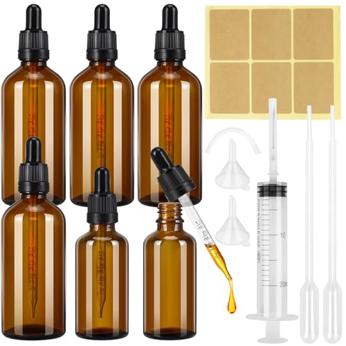Tiusixsy Bottiglie Contagocce Vetro 50ml 100ml, 6 Pezzi Marrone Flaconi Contagocce con Pipette, Boccette Vetro Contagocce per Oli Essenziali Profumi Aromaterapia Laboratorio