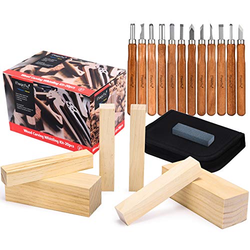 Magicfly Kit Gouges Sculpture Bois Ciseau à Bois, 12PCS Outils Gravure en Acier au Carbone SK2, 6PCS Blocs de Bois Bricolage pour Adultes Sculpteur Professionnel ou Débutant Citrouilles Halloween DIY