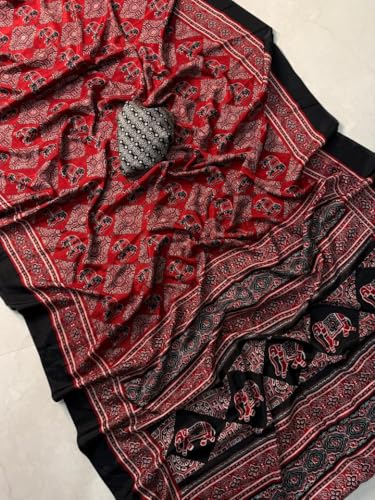 Image of SATIKA VASTRAM Modal Silk Ajrakh Saree Bandhani Design Crepe Printed Designer Pallu Attach Blouse Piece