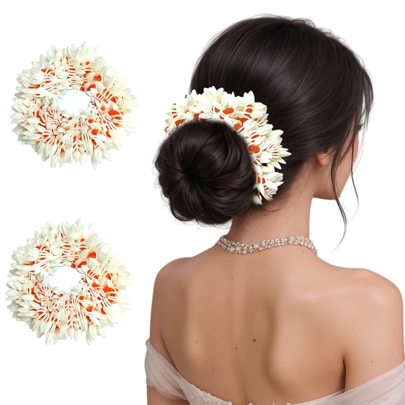 Hair Flare Set of 2 Artificial Mogra Gajra Juda Bun Flowers for Hair | Reusable Floral Hair Accessory with Orange Thread for Bridal, Festive & Traditional | Women & Girls Juda Decoration