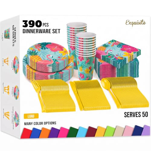Image of 390 Pcs Luau Plates and Napkins Party Supplies Luau Party Decorations | Includes 60 9 inch Paper Plates | 60 7 inch Paper Plates | 60 9oz Paper Cups | 60 Napkins | 150 Plastic Cutlery
