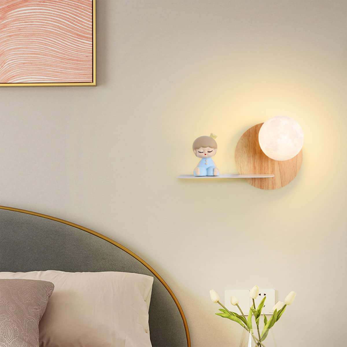 7W LED Lampki nocne Sypialnie dziecięce Lampa księżycowa 3D Naścienne Lampki do czytania dla dzieci 3 Temperatura barwowa, żarówka G9 Baby Boy Girls Kinkiet do pokoju dziecięcego z metalową półką, bia