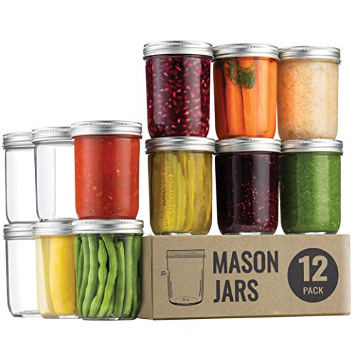 Wide Mouth Glass Mason Jars, 16 Ounce Glass Canning Jars with Silver Metal Airtight Lids and Bands with Chalkboard Labels, for Canning, Preserving, Meal Prep, Overnight Oats, Jam, Jelly, (12 Pack)
