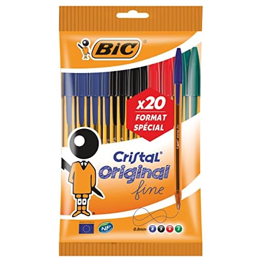 BIC Cristal Original Stylos-Bille Pointe Fine (0,8 mm) - Couleurs Assorties, Pochette Format Spécial de 20